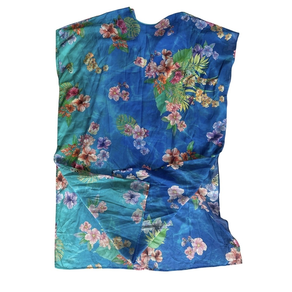 Johnny Was Blue Tie Dye Floral Silk Cotton Kaftan Dress CSW5923-A Small Medium - Picture 4 of 8